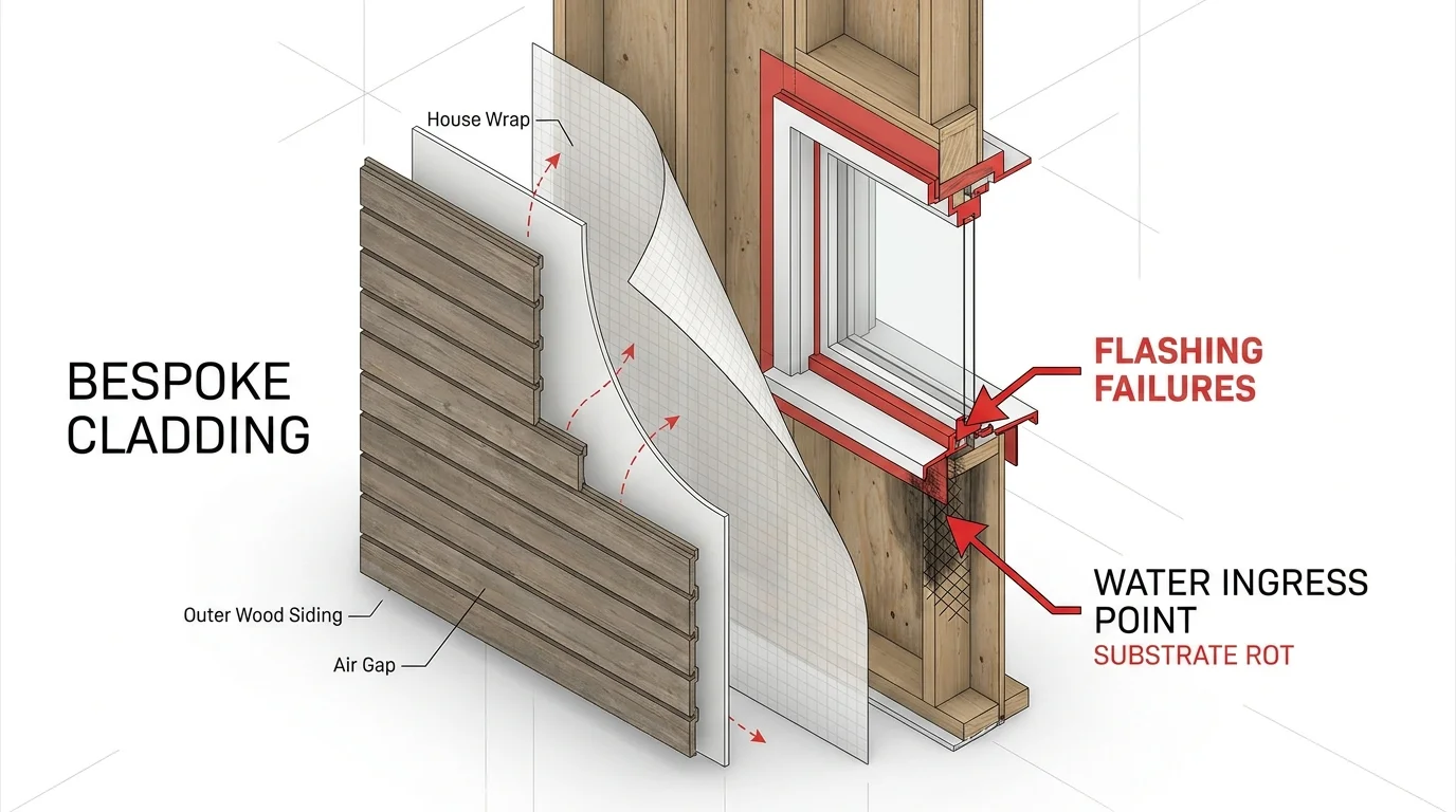 An exploded-view diagram of an exterior wall showing how water gets behind cladding through failed flashing.
