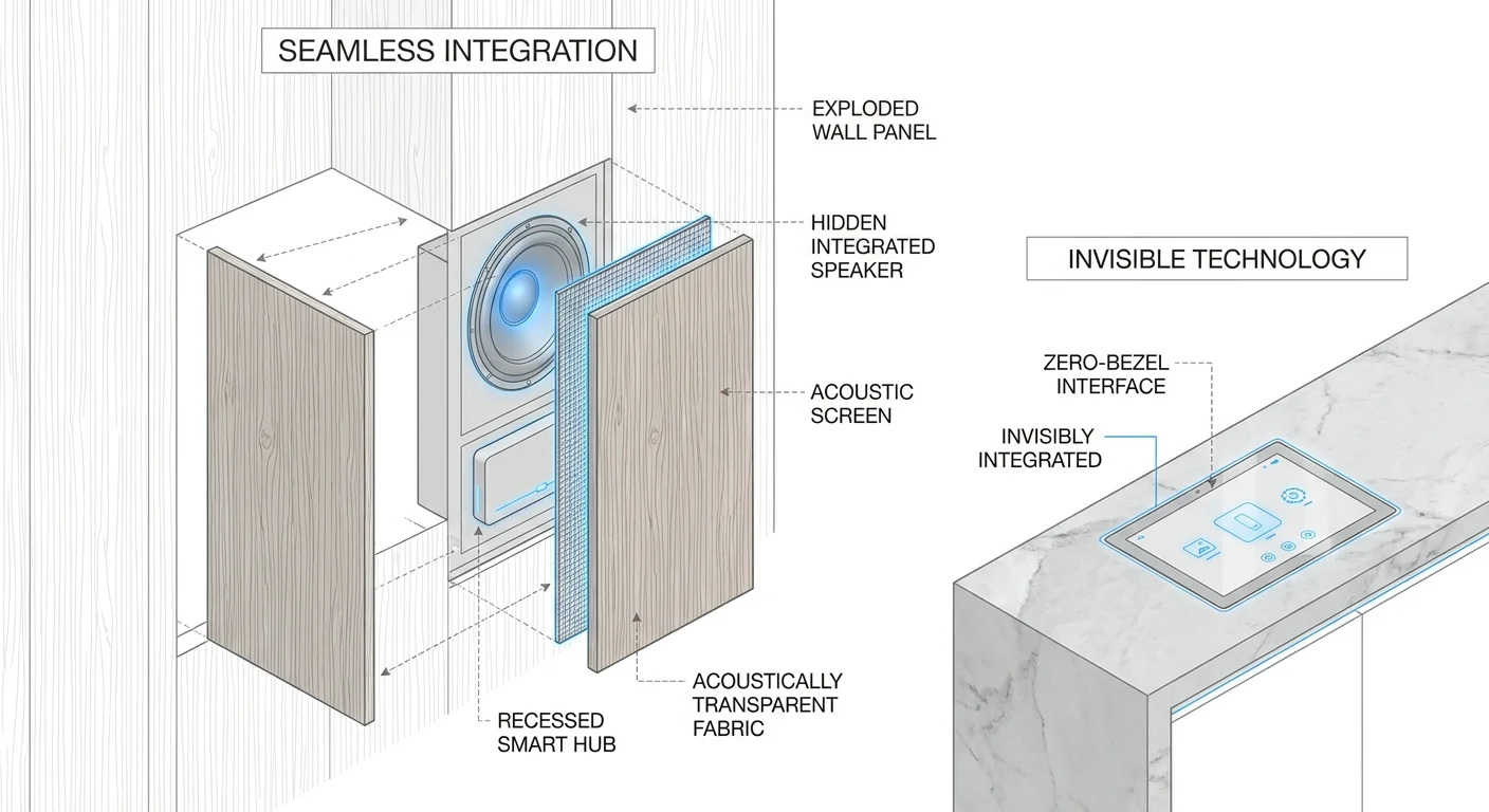 An exploded-view diagram showing how speakers and smart tech are hidden behind architectural wall panels.