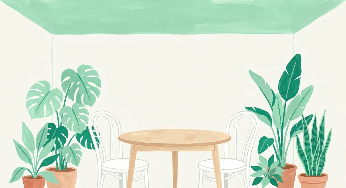 An illustration of a breakfast nook with a soft mint green ceiling and green houseplants, feeling fresh and open.