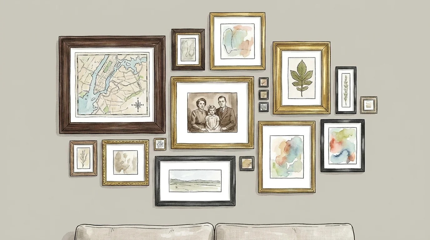 An illustration of a gallery wall featuring an eclectic mix of personal items like maps, old photos, and botanical prints.