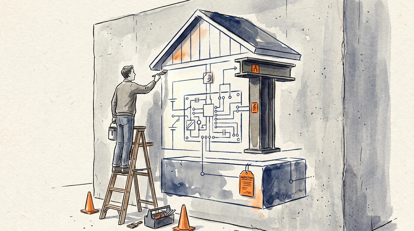 An illustration of a person painting a house blueprint on a wall, symbolizing careful home planning and inspection.