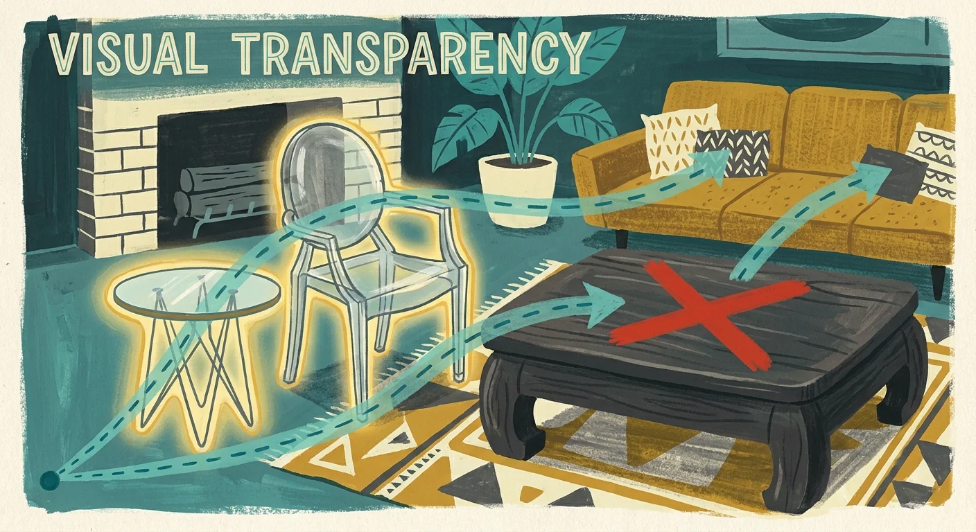 An illustration showing how transparent furniture allows the eye to travel through a room, making it feel larger.