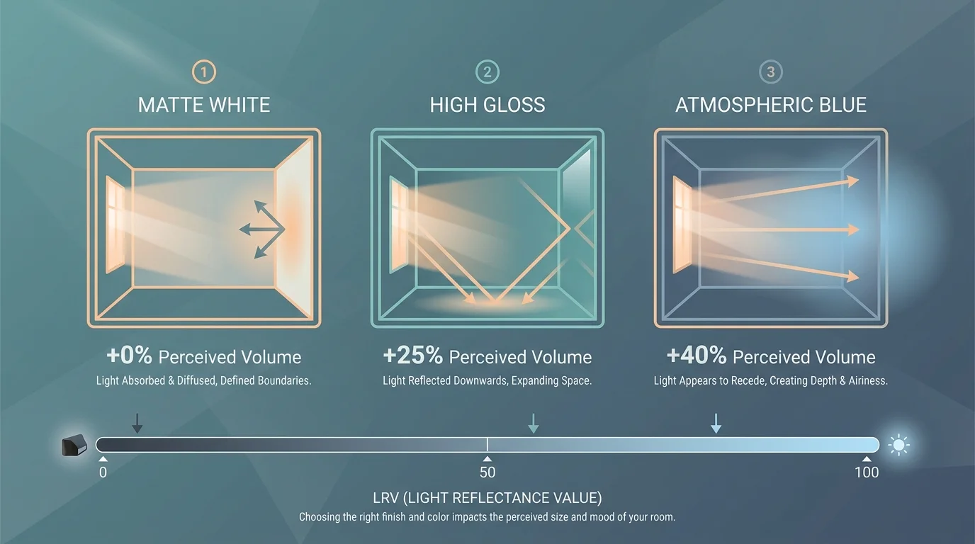 An infographic comparing how matte white, high gloss, and light blue ceilings affect light and the feeling of room size.