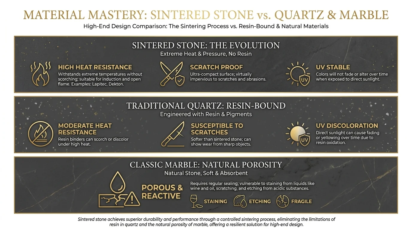 An infographic comparing sintered stone to marble, highlighting its resistance to heat, scratches, and UV light.