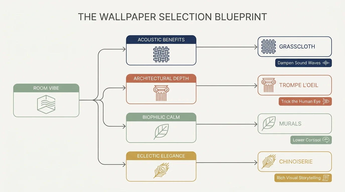 An infographic diagram titled 'The Wallpaper Selection Blueprint' categorizing different wallpaper trends by their benefits and visual effec