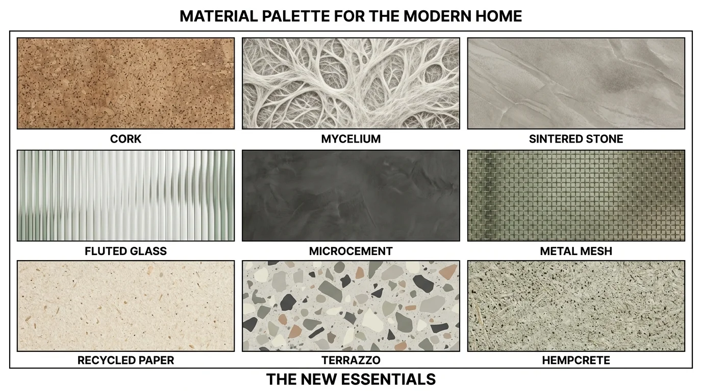 An infographic grid showcasing icons and labels for all nine wood-alternative materials discussed in the article.