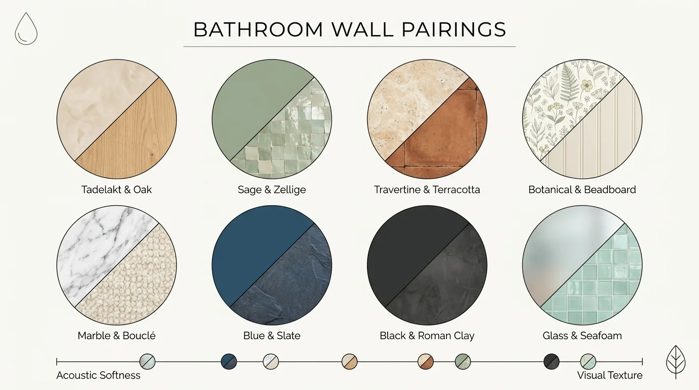 An infographic grid showing 8 pairs of bathroom materials like Tadelakt and Oak or Sage and Zellige.