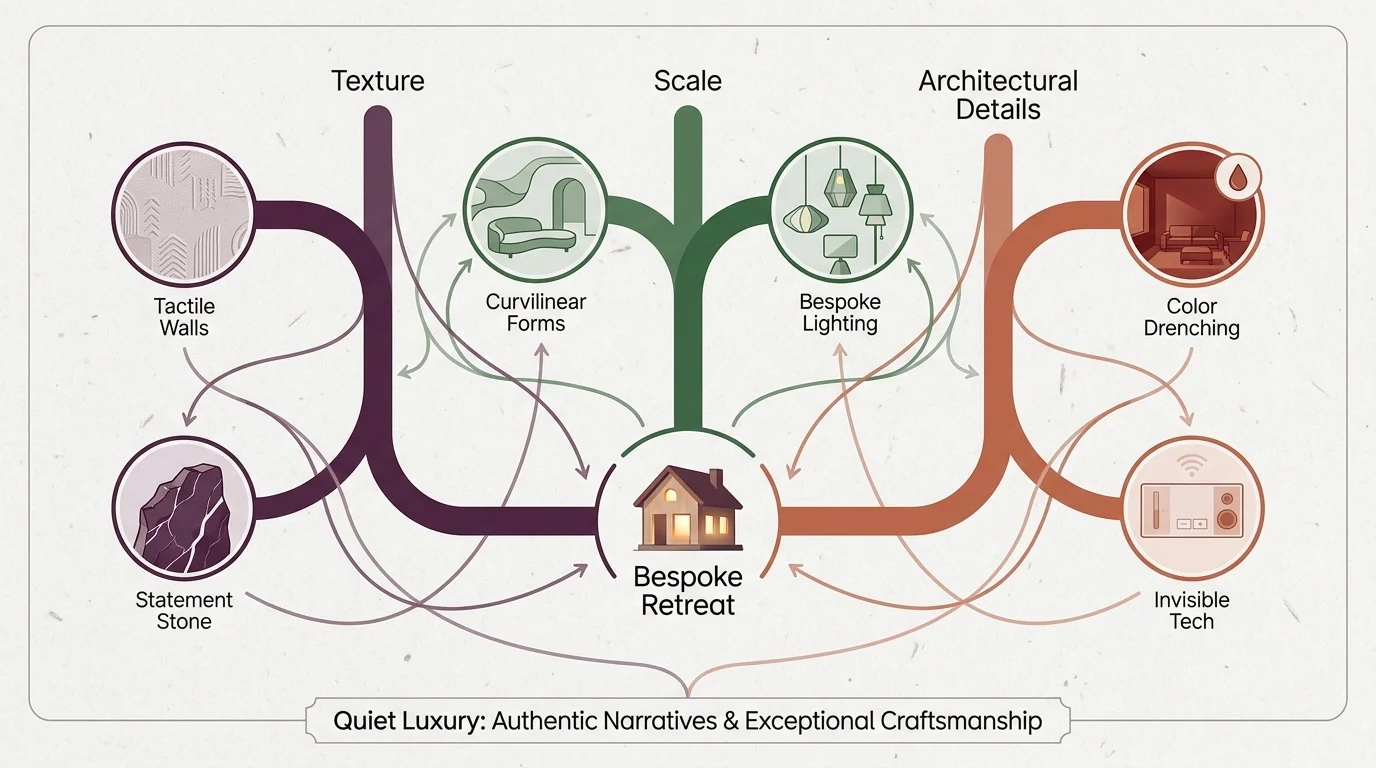An infographic map connecting the concepts of texture, scale, and architectural details to the nine luxury home trends.