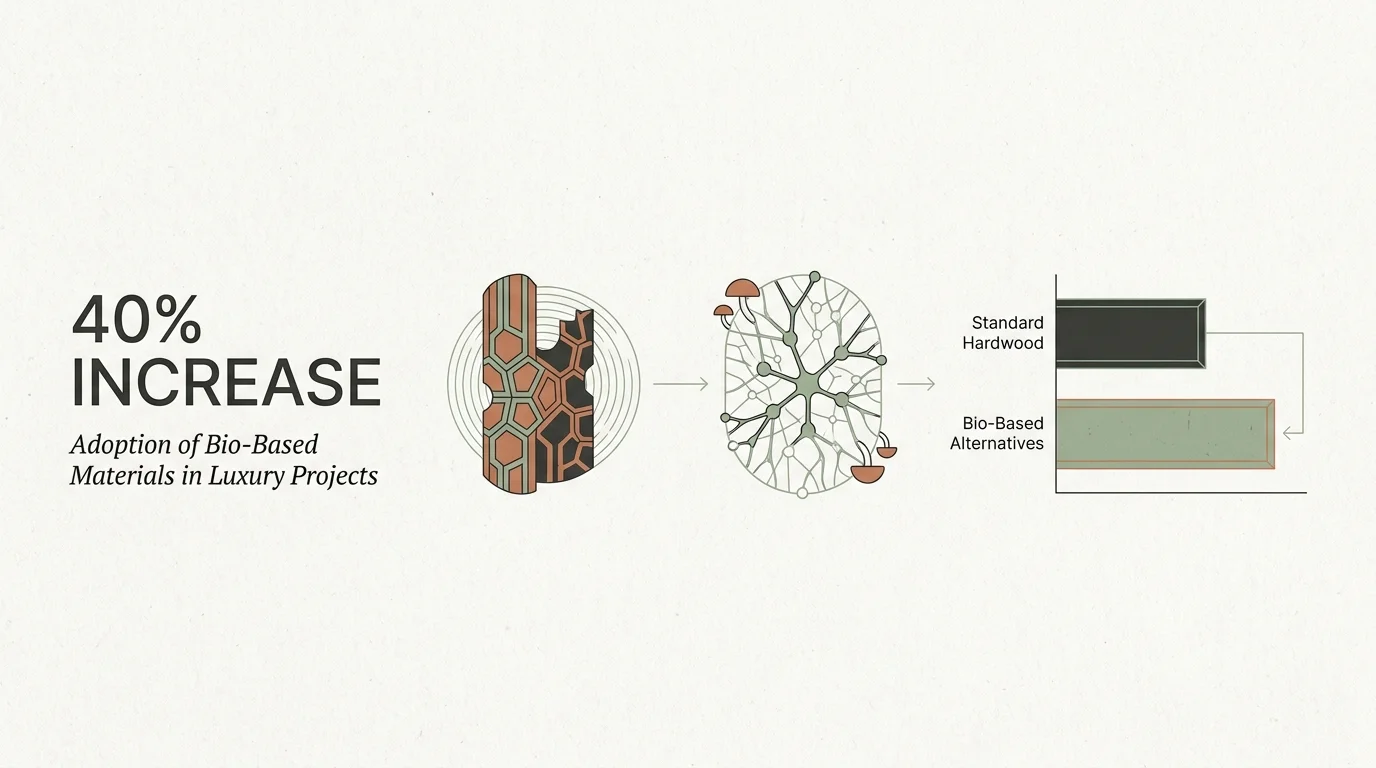 An infographic showing a 40 percent increase in bio-based material adoption, featuring icons for cork and mushroom mycelium.