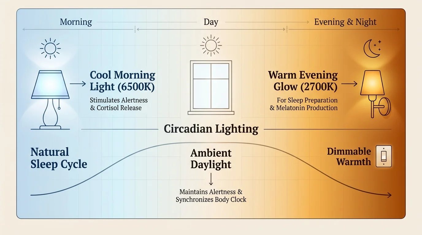 An infographic showing a transition from cool morning light to warm evening light for a healthy sleep cycle.