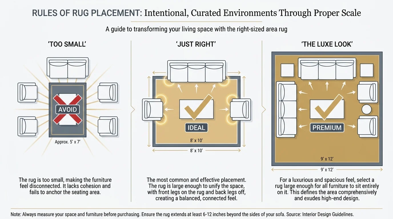An infographic showing correct rug sizing, with front furniture legs anchored on the rug versus a rug that is too small.