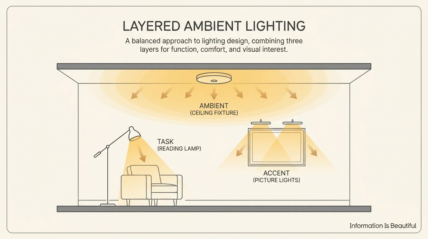 An infographic showing three layers of lighting in a room: ambient ceiling light, task reading light, and accent art lighting.