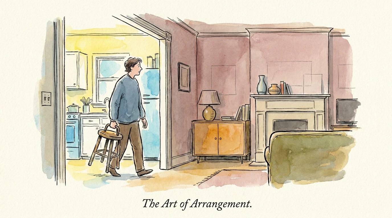 An ink and watercolor drawing of a person carrying a small wooden stool from one room to another to repurpose it as decor.