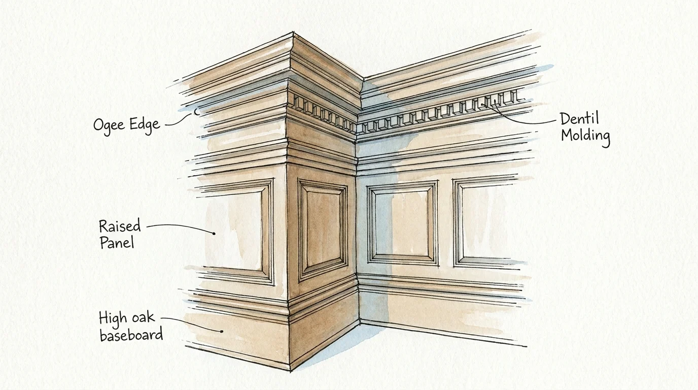 An ink and watercolor sketch detailing the craftsmanship of traditional wood crown molding and wainscoting panels.