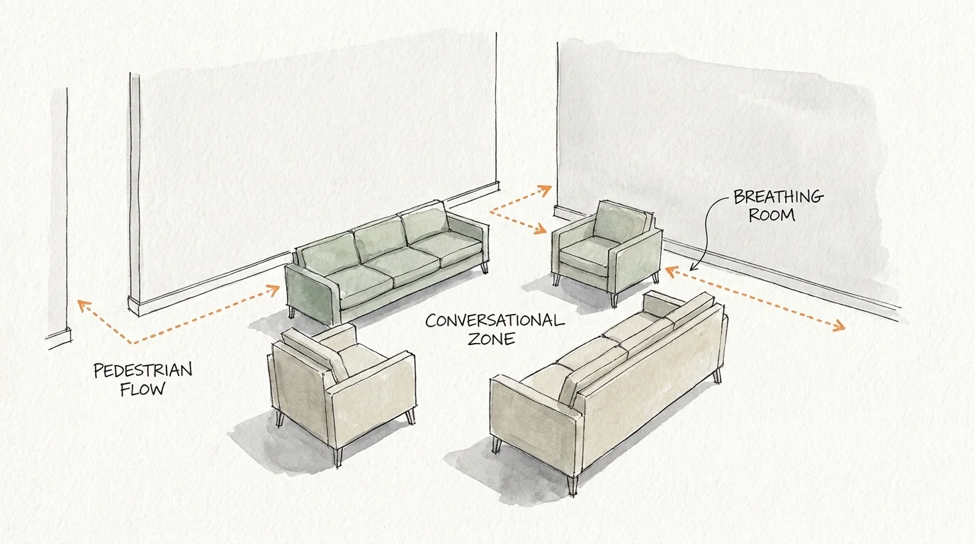An ink and watercolor sketch showing furniture pulled away from the walls to create a conversational grouping and better room flow.