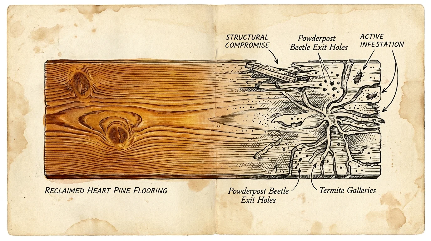 An ink and woodcut illustration showing a reclaimed floorboard with detailed termite damage and insect labels.