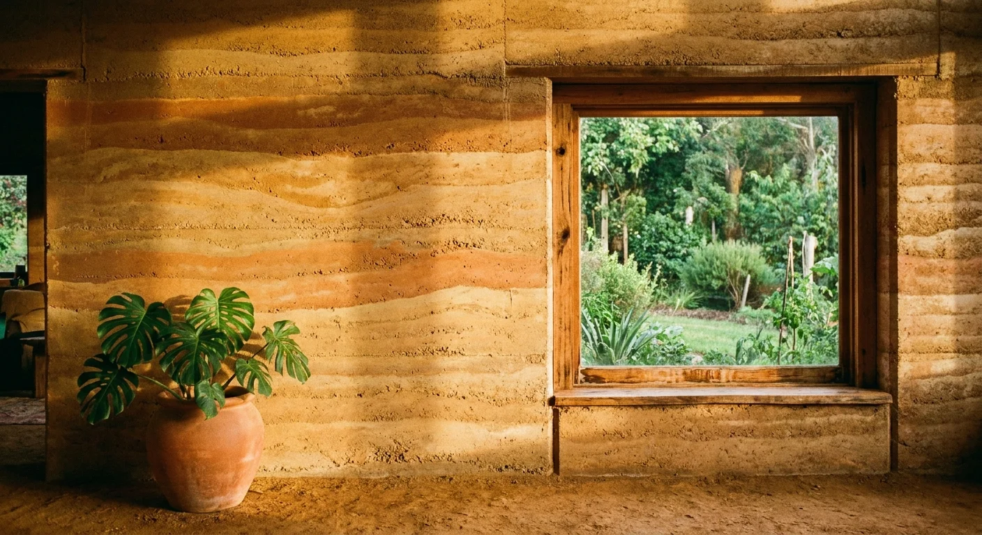 An interior shot of a rammed earth wall with visible horizontal layers of colored soil and a window looking out to a garden.