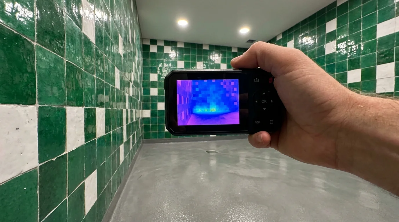 An iPhone-style photo of a thermal camera detecting a leak behind the tiles of a luxury curbless shower.