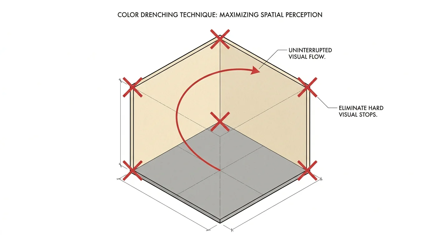An isometric diagram of a room showing how painting walls and ceiling the same cream color removes visual borders.