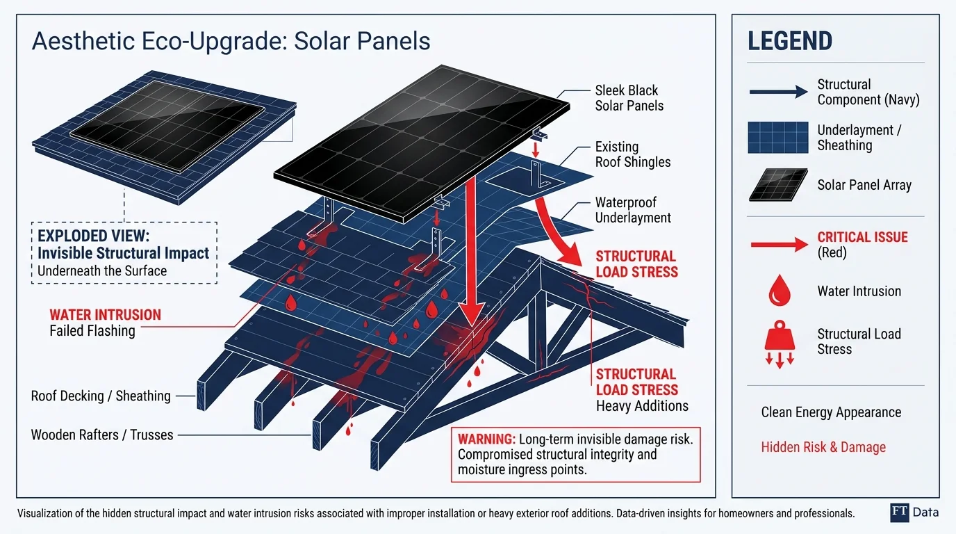 An isometric diagram showing how solar panels on a roof can conceal failed flashing and water intrusion.