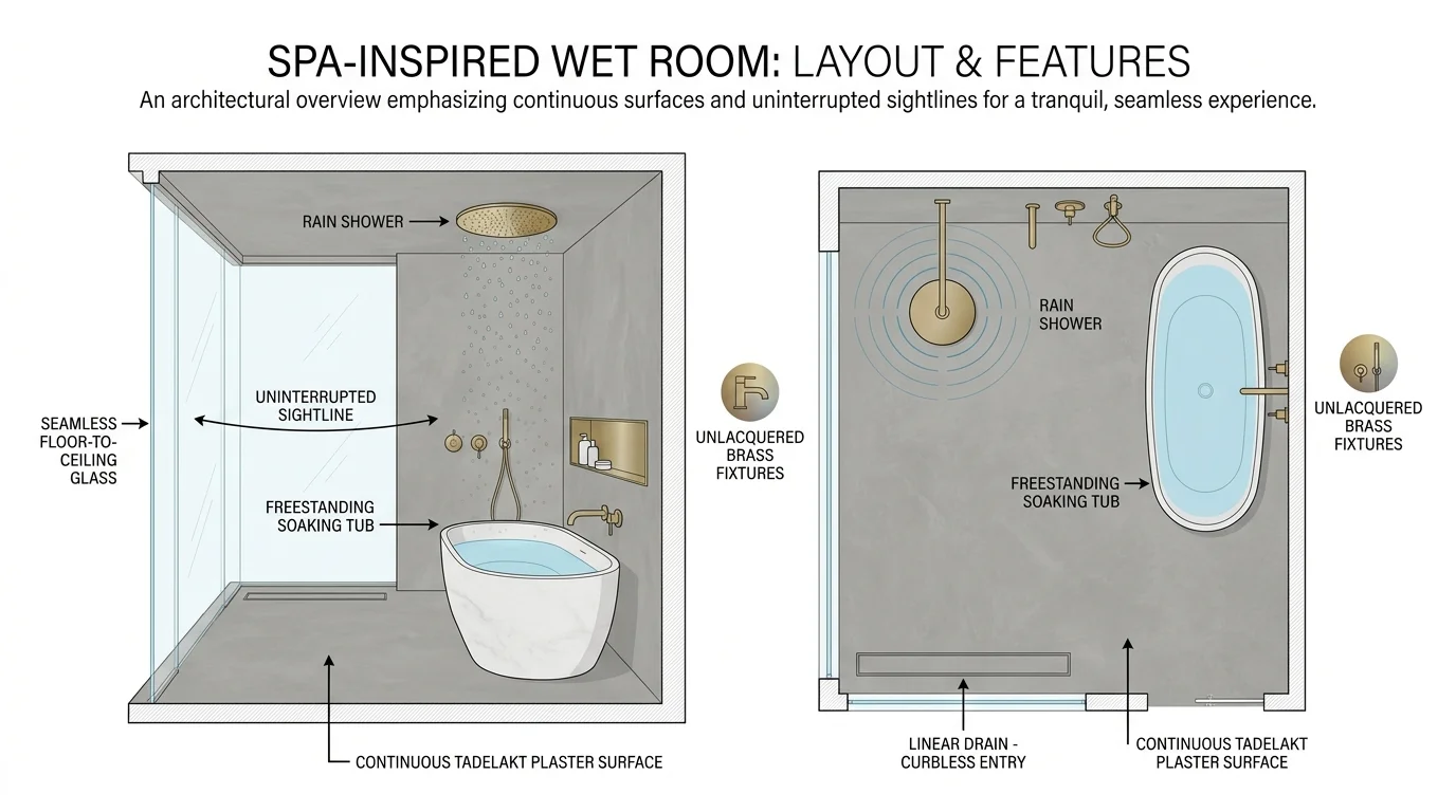 Architectural diagram of a bathroom wet room showing the placement of a soaking tub, rain shower, and curbless linear drain.