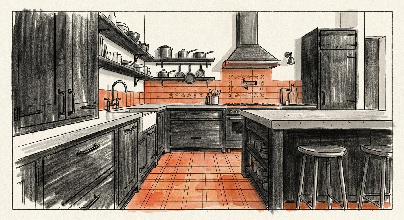 Architectural illustration of charcoal black cabinets with a warm terracotta tile floor.