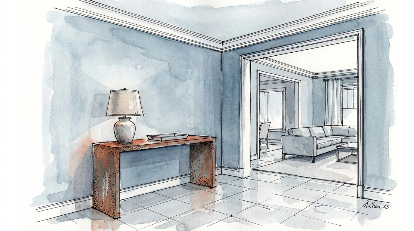 Architectural watercolor sketch of a slate blue hallway with a rust-colored metal console table.