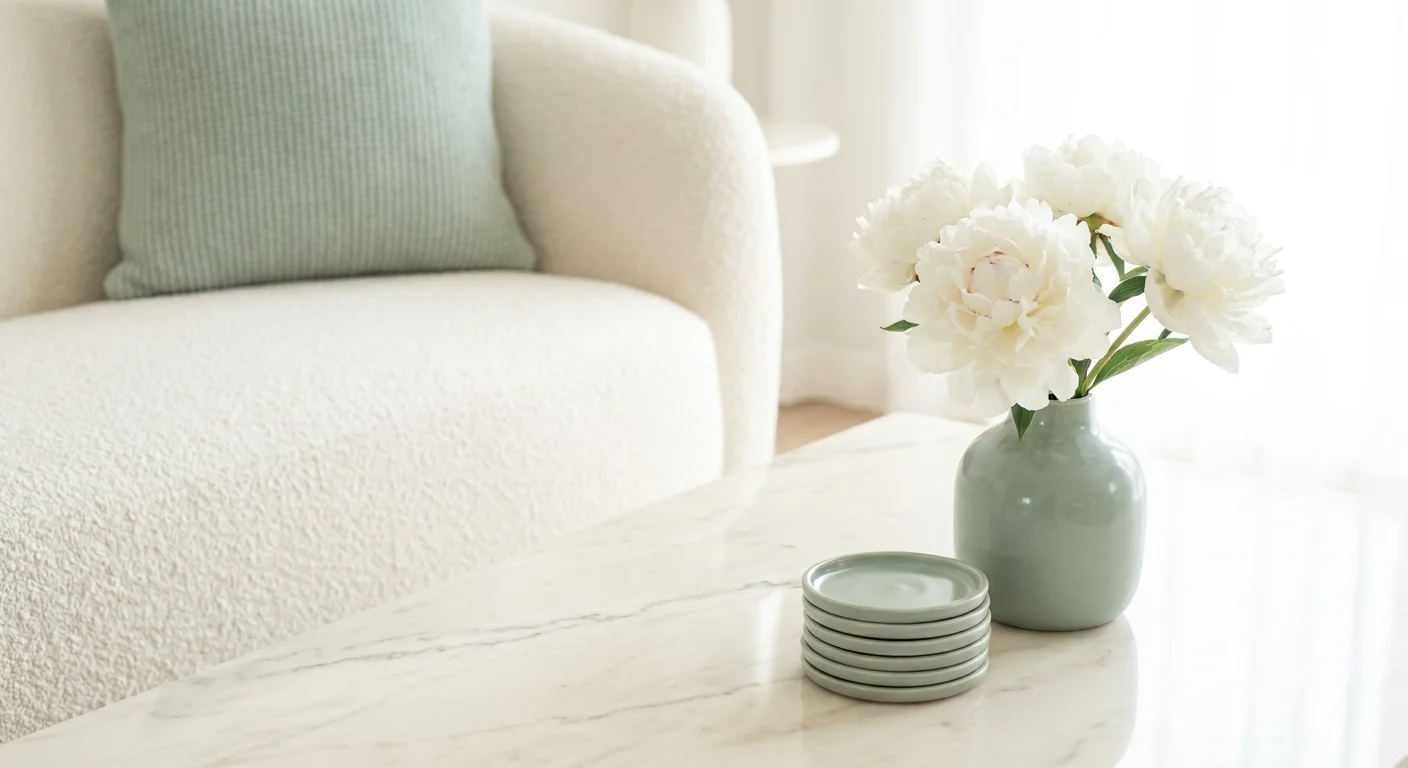 Close-up of a cream marble table with muted celadon green vases and white flowers.