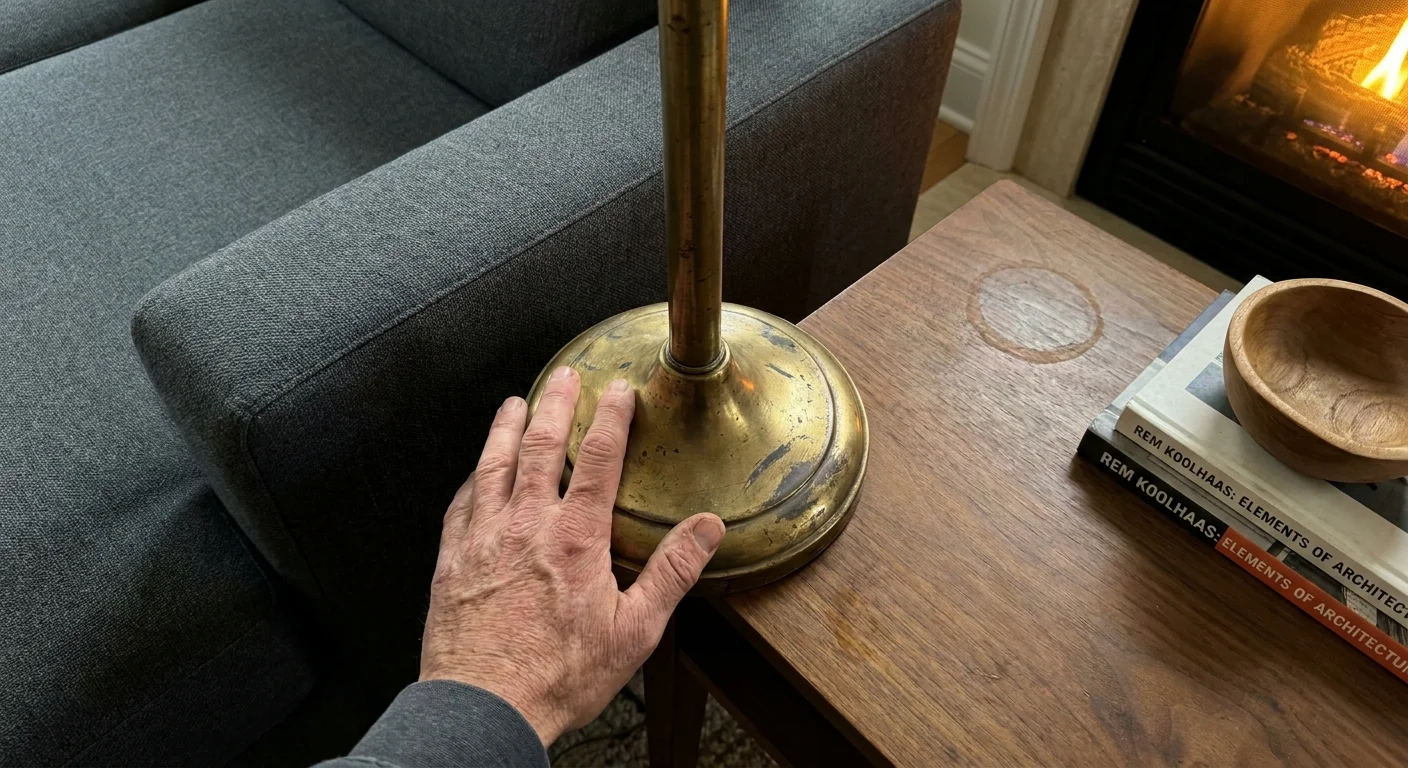 Close-up of a hand on a vintage brass lamp next to a modern sofa, highlighting the mix of old and new materials.