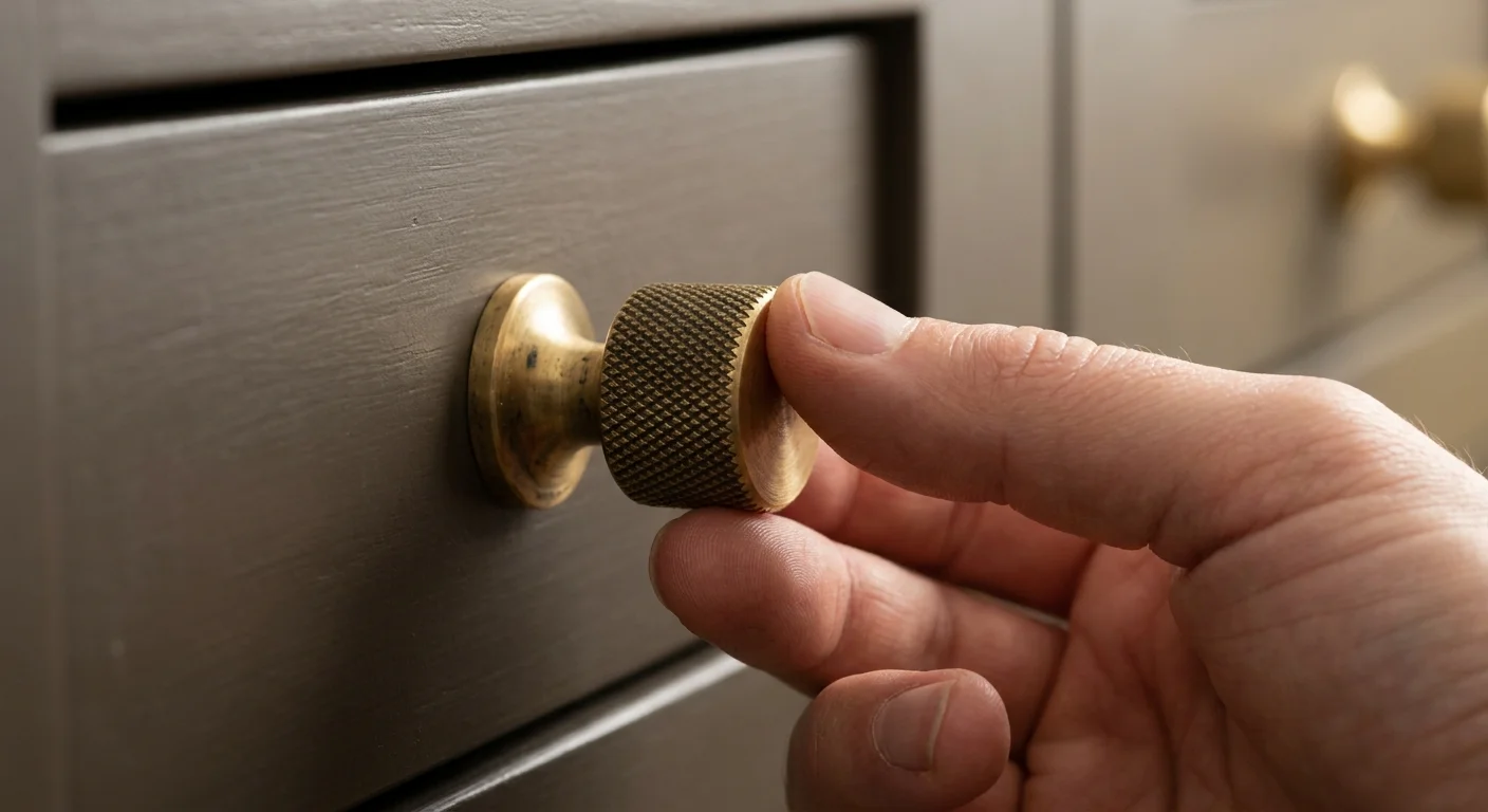 Close-up of a hand reaching for a knurled brass cabinet handle on a taupe-colored drawer, showing fine metal texture.