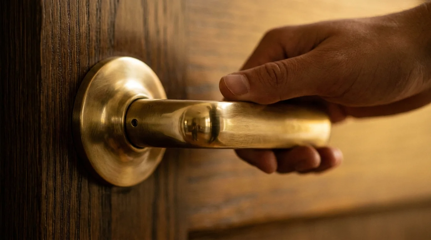 Close-up of a high-quality brushed brass door handle on a dark wood door.