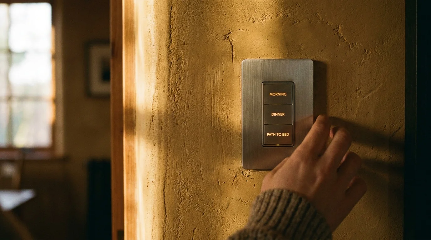 Close-up of a minimalist smart home light switch on a textured wall, featuring easy-to-read scene presets like Morning and Dinner.