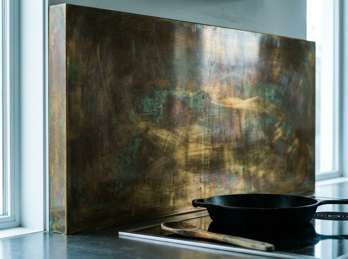 Close-up of a patinated brass kitchen backsplash with a rich, oxidized texture and muted metallic colors.