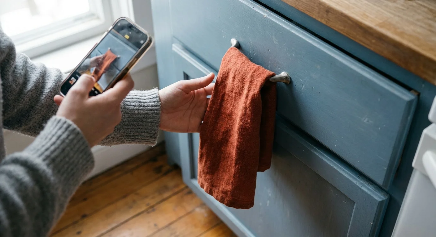 Close-up of a rust-colored linen towel on a dusty blue kitchen drawer in natural light.