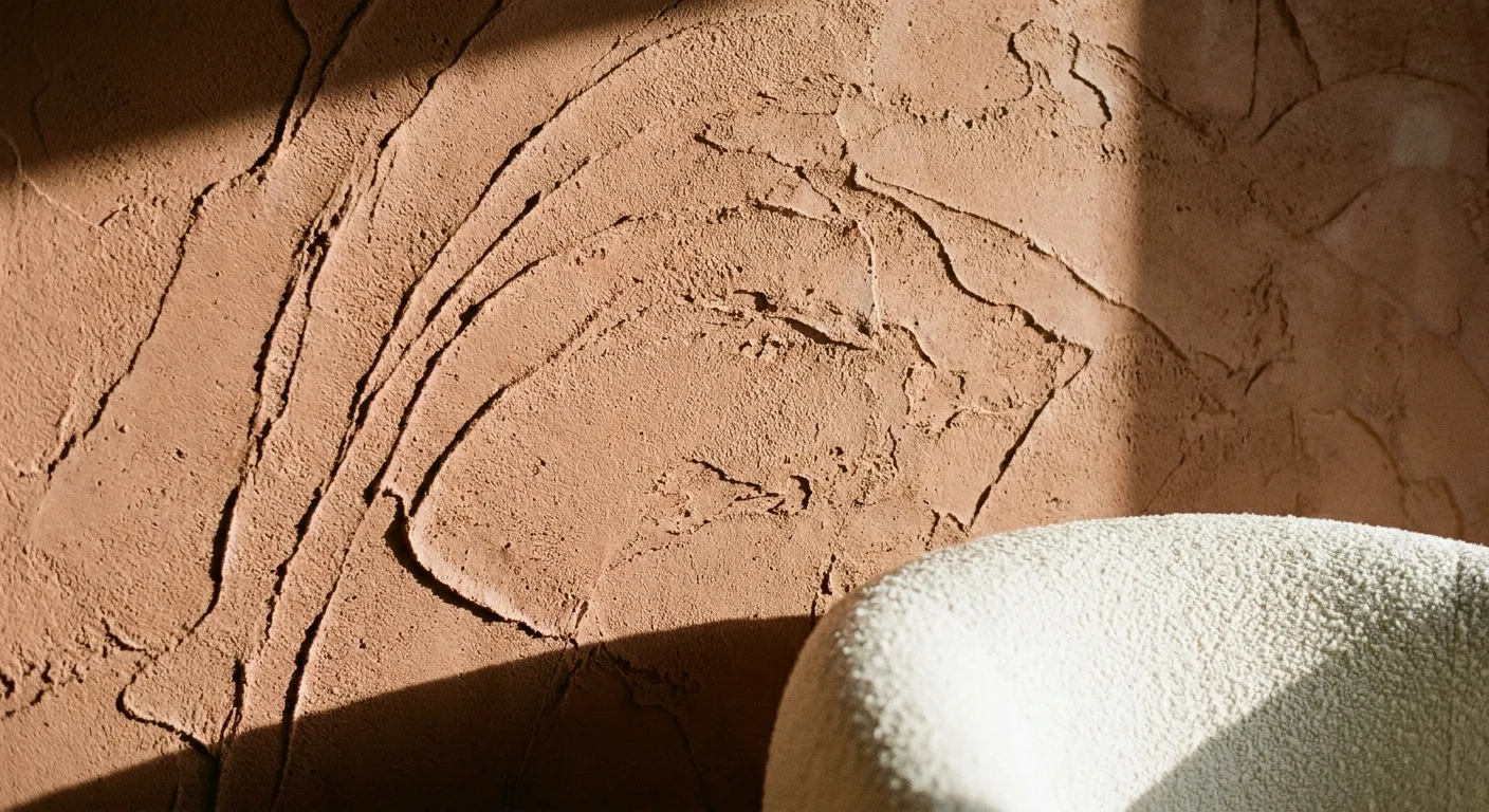 Close-up of a textured terracotta plaster wall with side lighting highlighting the hand-applied patterns.