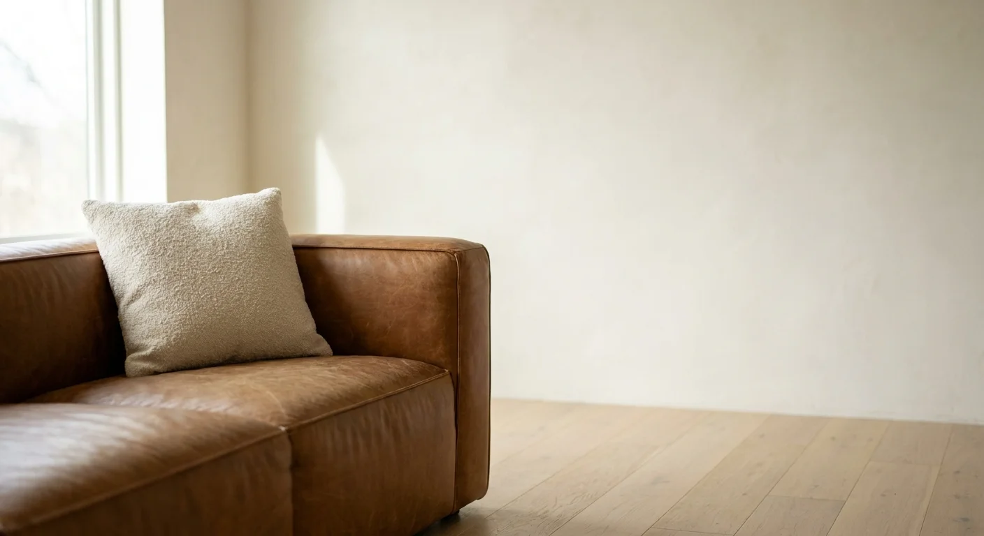 Close-up of a textured white plaster wall behind a caramel leather sofa.
