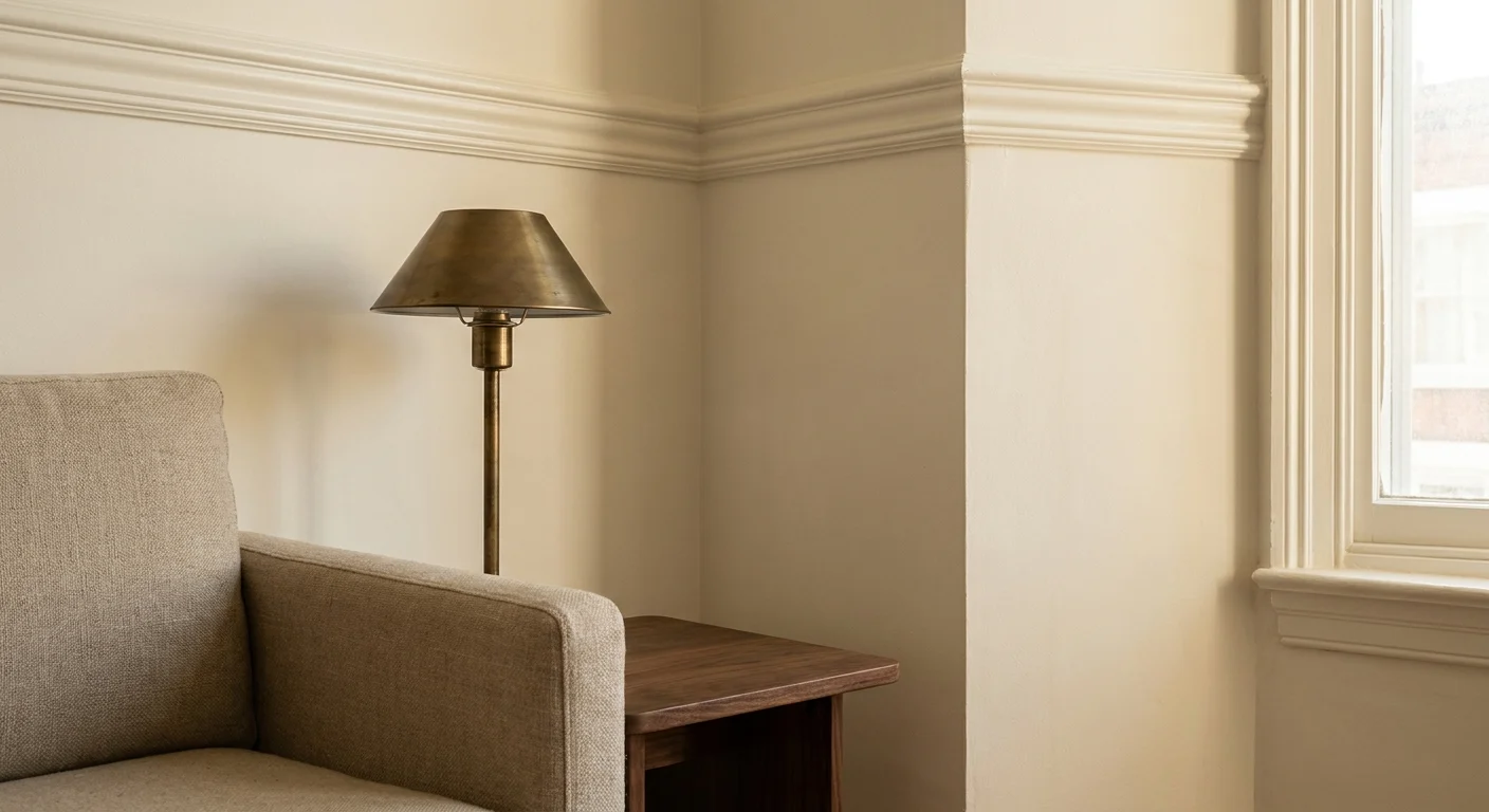 Close-up of an interior corner with warm white walls, walnut wood furniture, and a brass lamp in natural light.