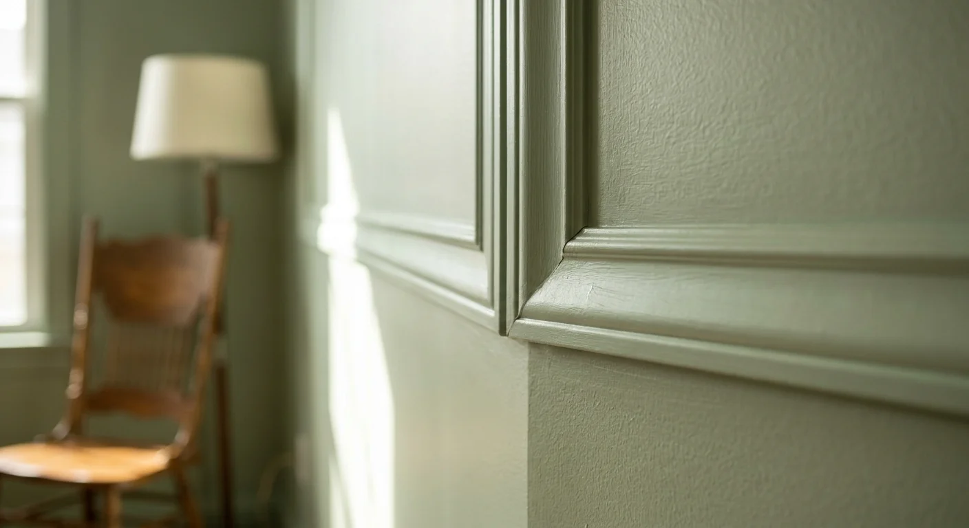 Close-up of elegant picture frame molding on a sage green wall, showing crisp architectural details and soft shadows.
