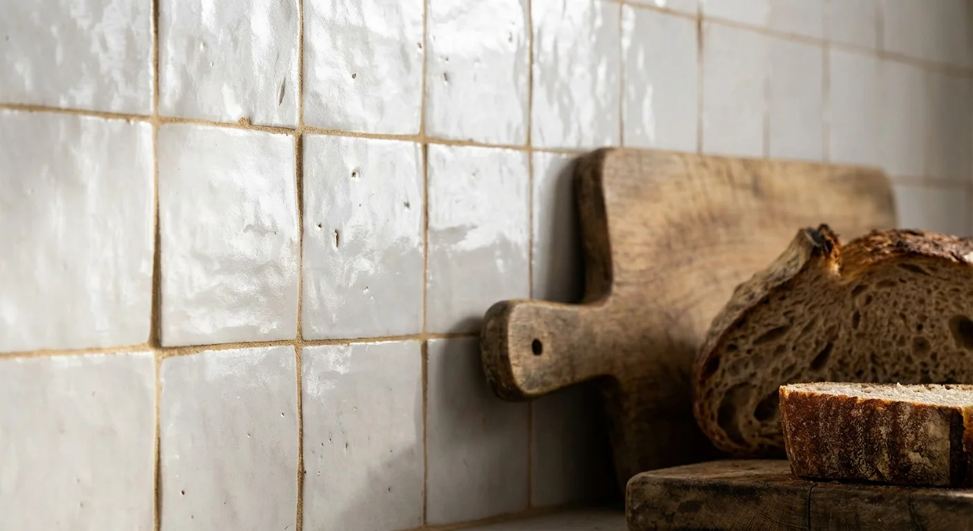 Close-up of handmade white Zellige tiles with a textured, irregular surface reflecting soft light.