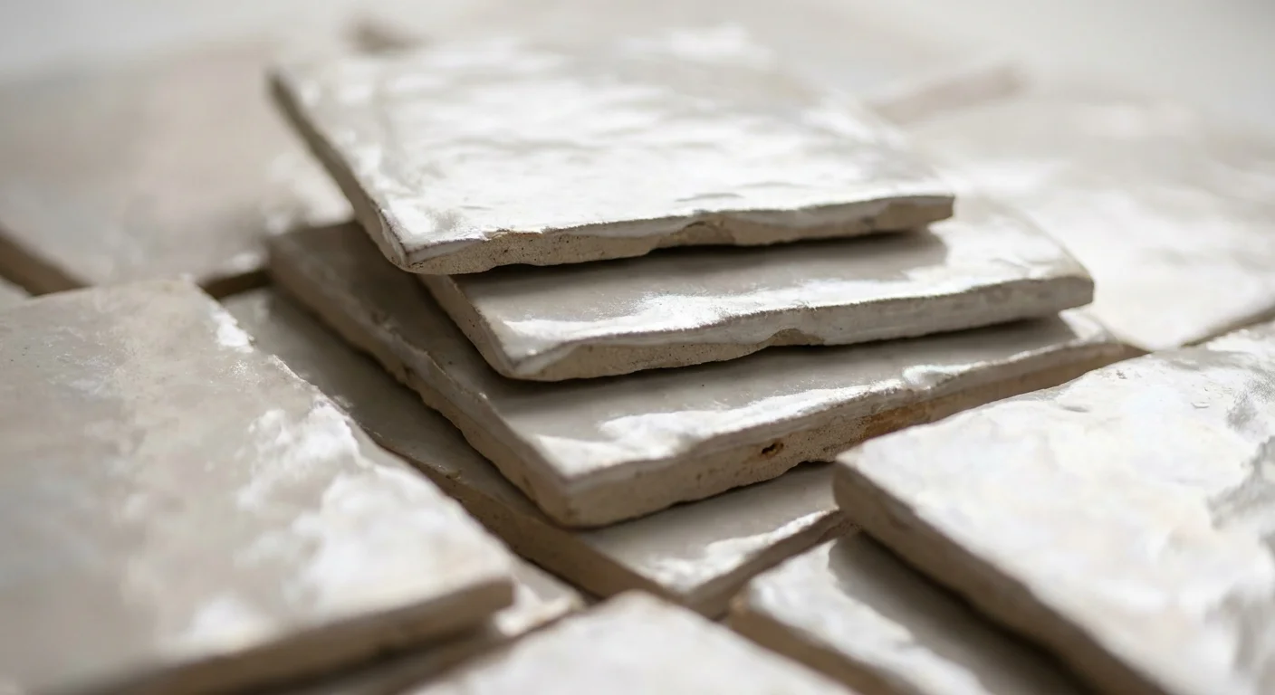 Close-up of handmade Zellige tiles showing irregular edges and a glossy, undulating white glaze.