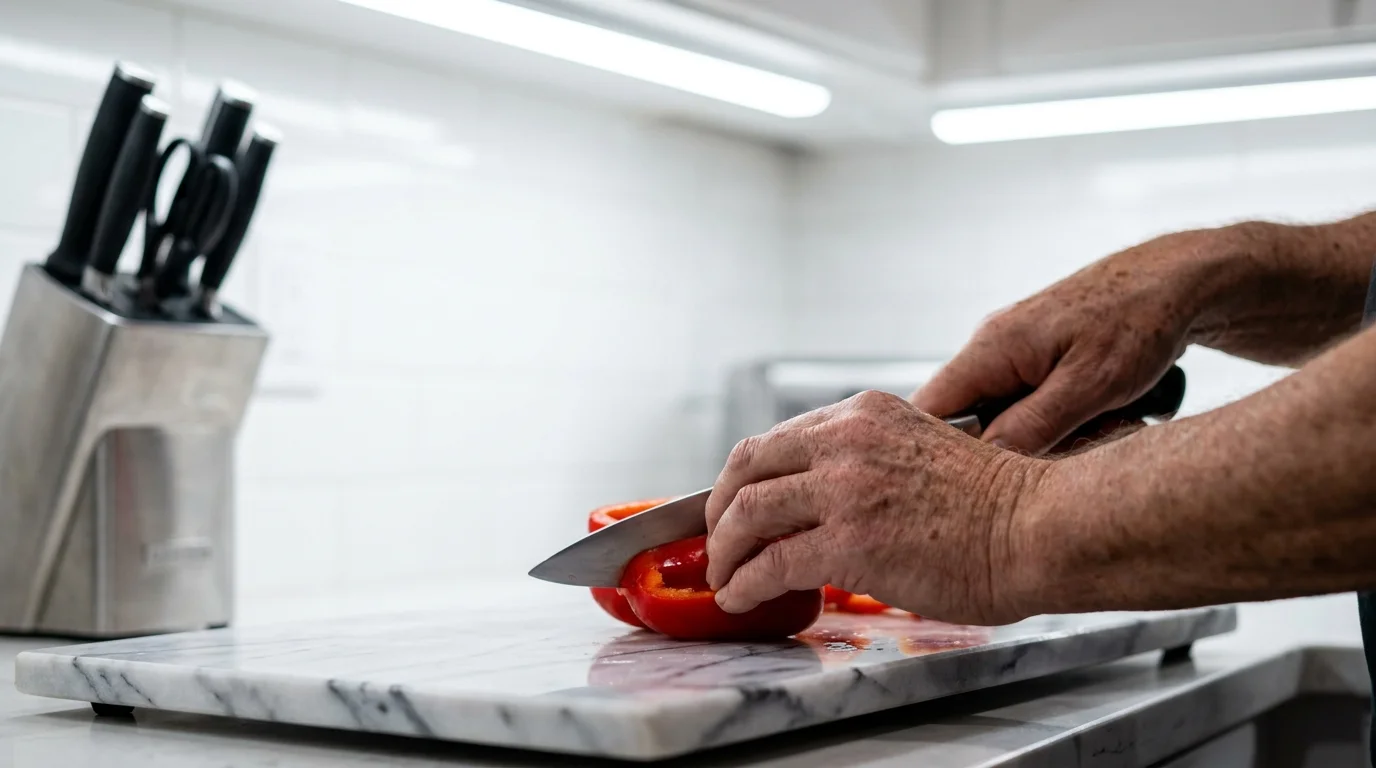 Close-up of hands cutting a red pepper on a white board under bright, shadow-free kitchen task lighting.