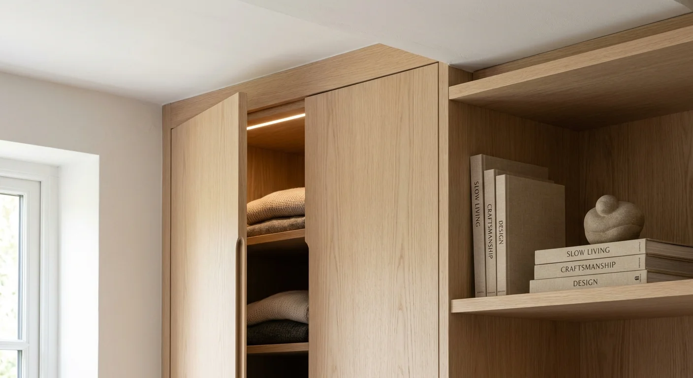 Close-up of high-quality white oak built-in cabinetry showing seamless integration and fine wood grain.
