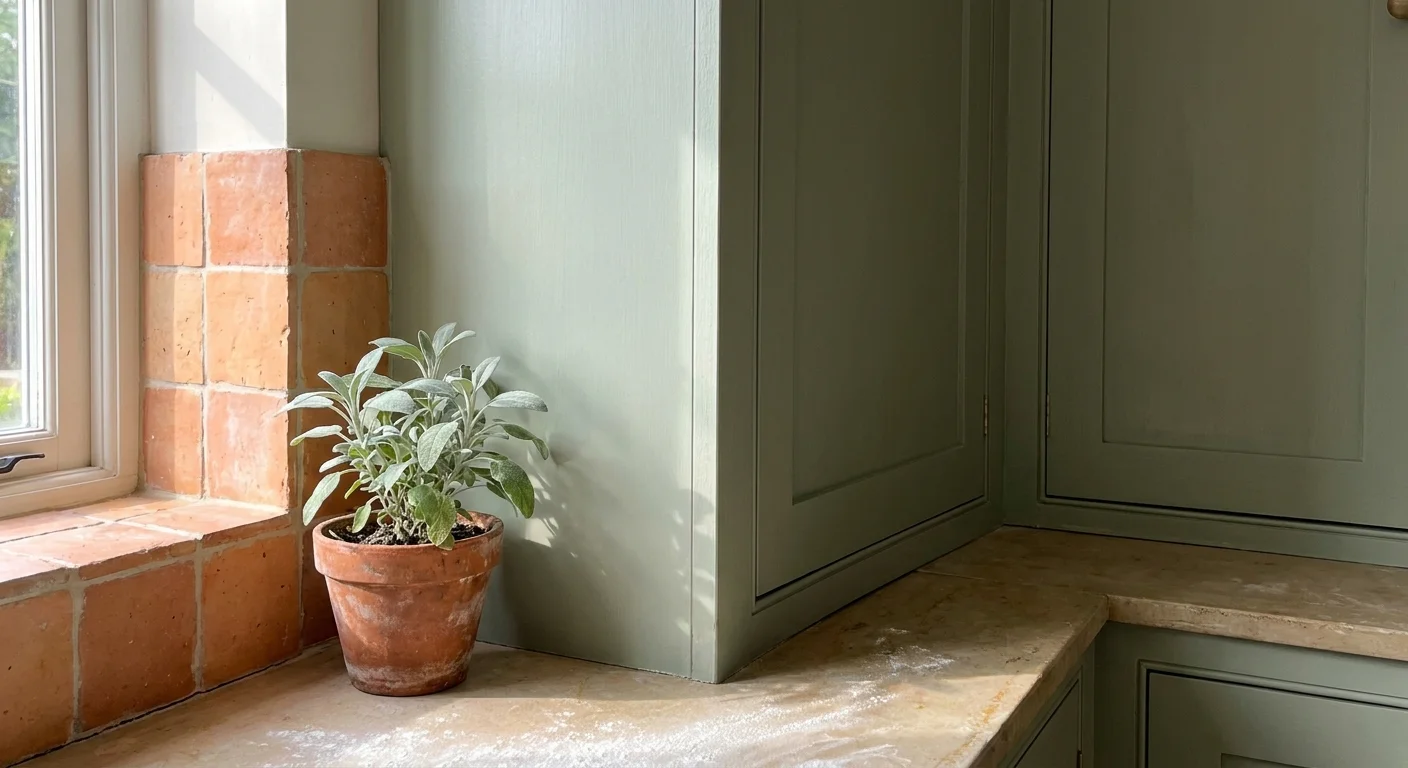 Close-up of matte sage green cabinets and rustic terracotta backsplash tiles in natural morning light.