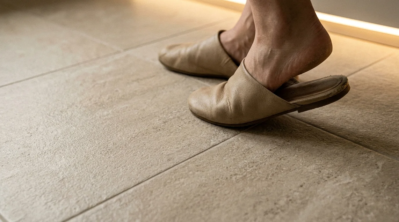 Close-up of matte, textured non-slip porcelain floor tiles in a neutral greige color, showing high-end grip and style.