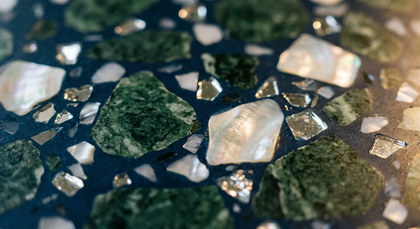 Close-up of terrazzo flooring with large green and pearlescent chips embedded in a navy blue base.