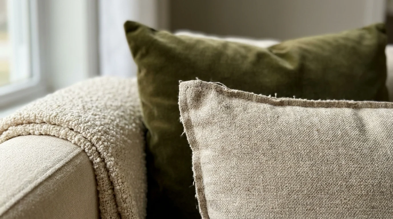 Close-up of textured living room pillows and blankets made of linen, velvet, and boucle in earthy tones.