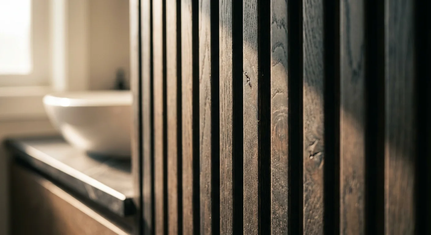 Close-up photo of vertical wooden ridges on a wall, showing a rhythmic pattern of light and shadow.