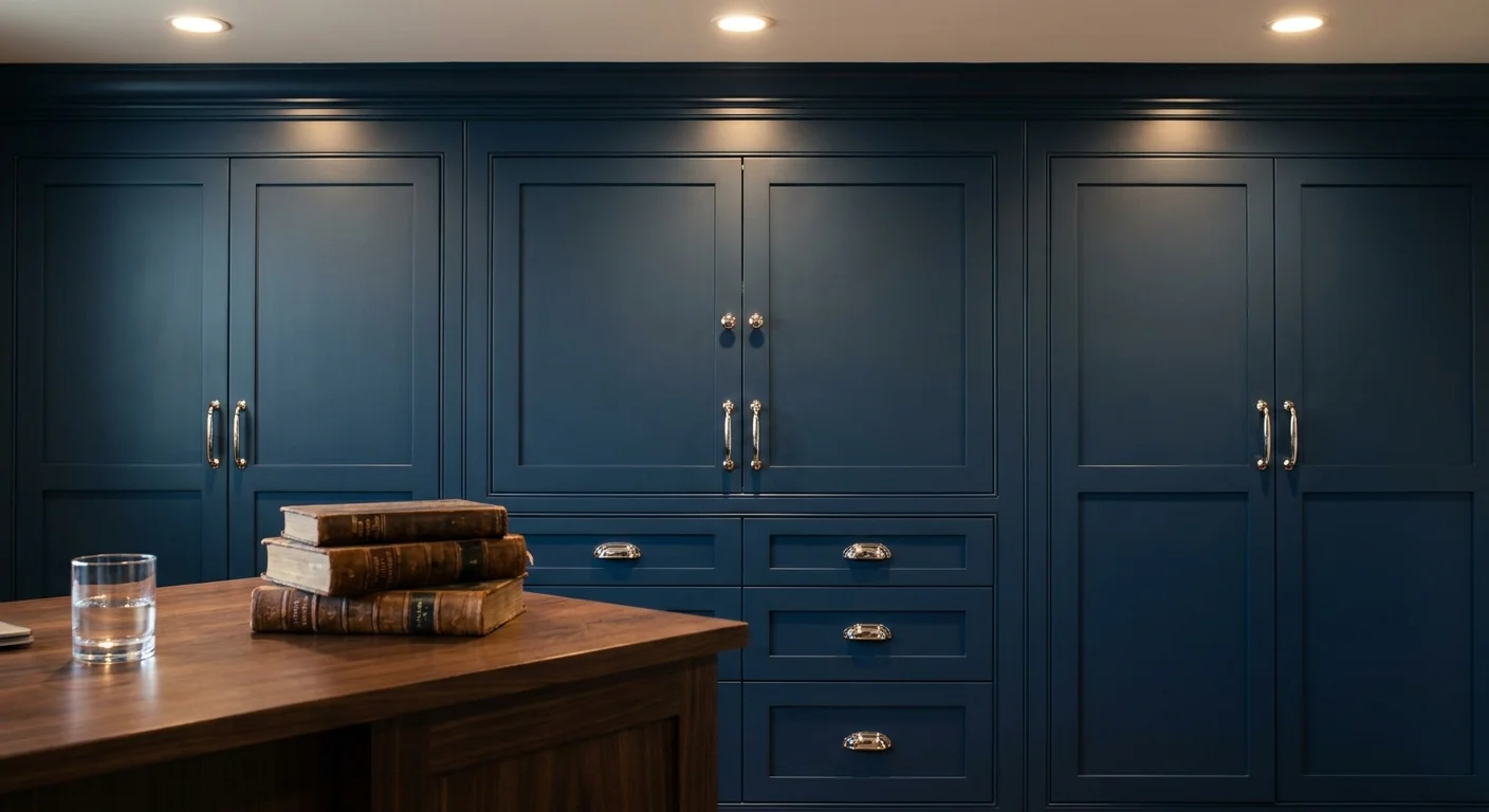 Deep navy blue built-in cabinets with silver handles in a study with a dark wood desk.