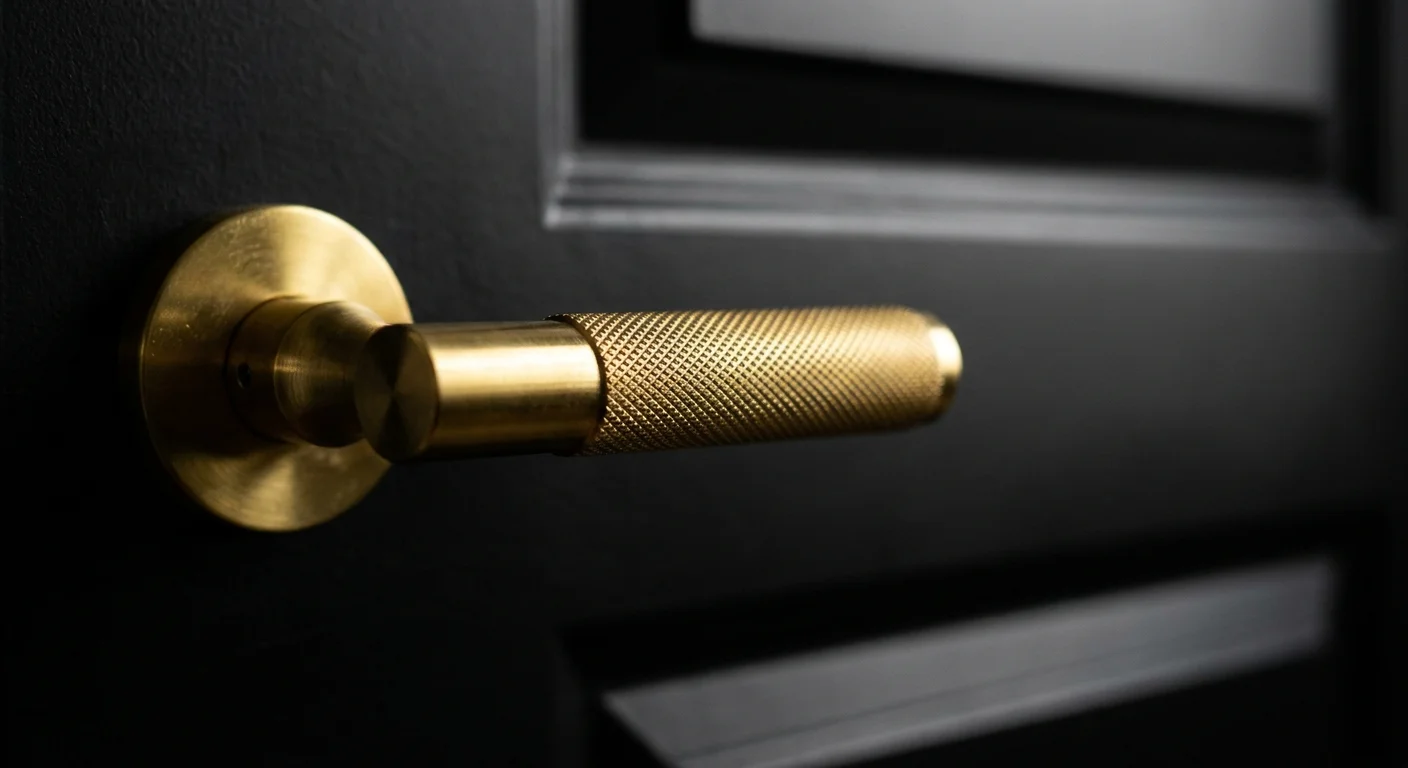 Extreme close-up of a textured brass door handle on a black door, highlighting the metallic detail and premium feel.