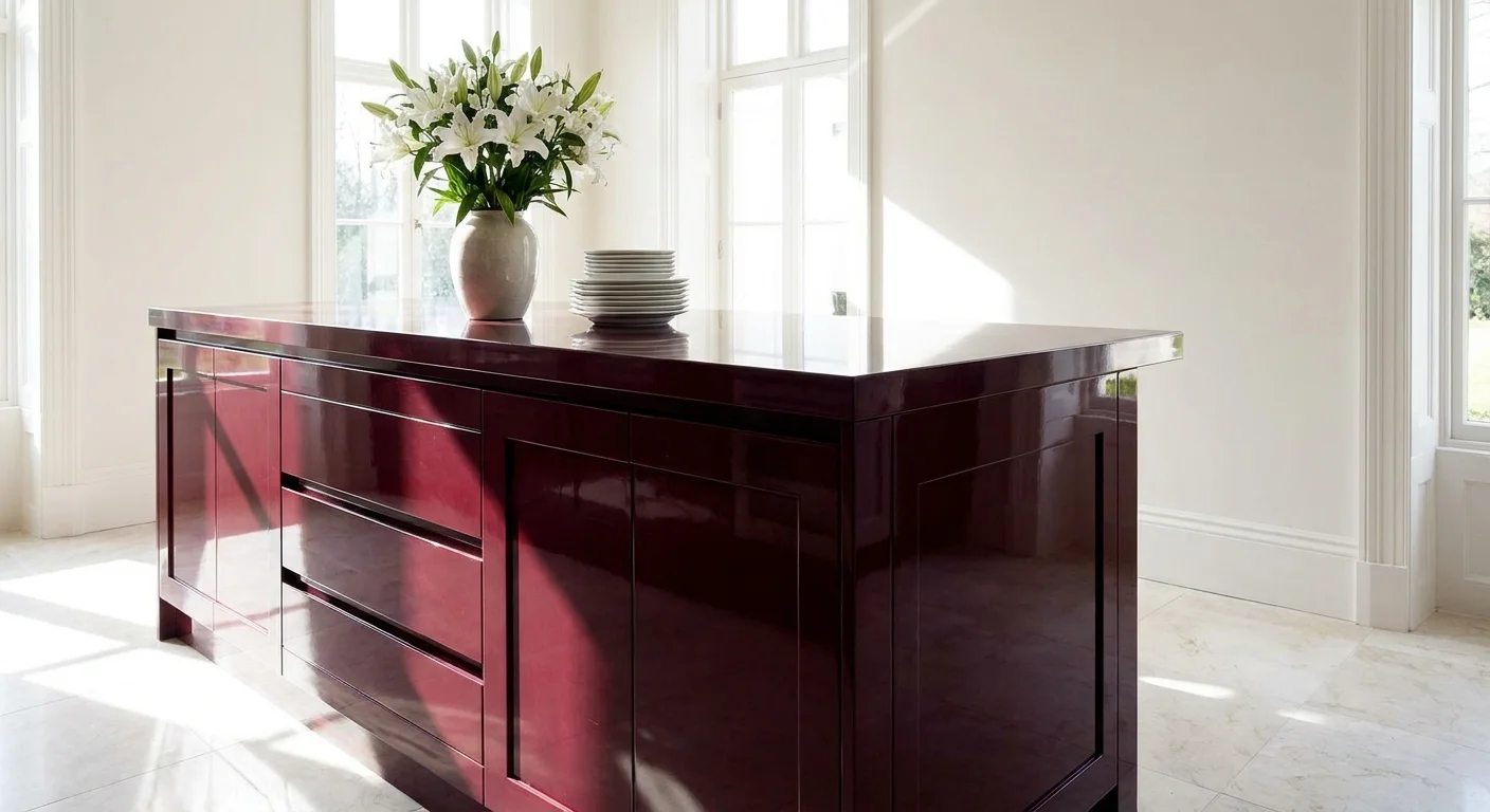 Glossy burgundy kitchen island centered in a bright, bone white room with marble floors.